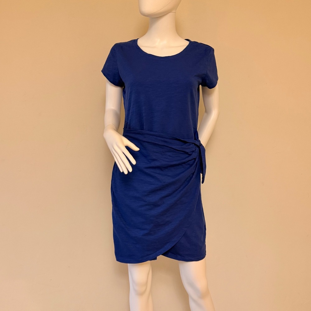 Lauren Ralph Lauren Women Royal Blue Slub Cotton Faux Wrap Side Tie Dress Size 6